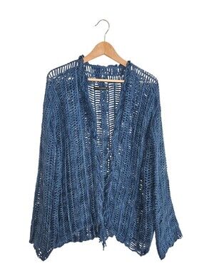 Matthildur Women's Open-Knit Blue 100% Pima Cotton Fringe Cardigan Sweater S